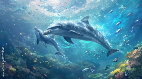 A pair of dolphins playfully swimming alongside schools of fish in the open ocean waters.