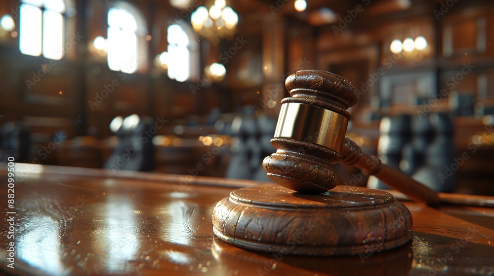 Wooden gavel sits on a sound block on a courtroom desk, illuminated by gentle sunlight Wooden gavel sits on a sound block on a courtroom desk, illuminated by gentle sunlight