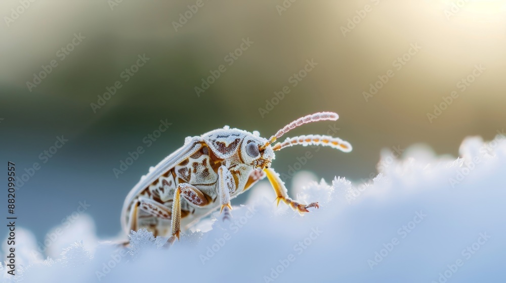 Fototapeta premium Frost-touched insect on a winter morning, showcasing resilience in a chilly environment, delicate frost patterns on its body