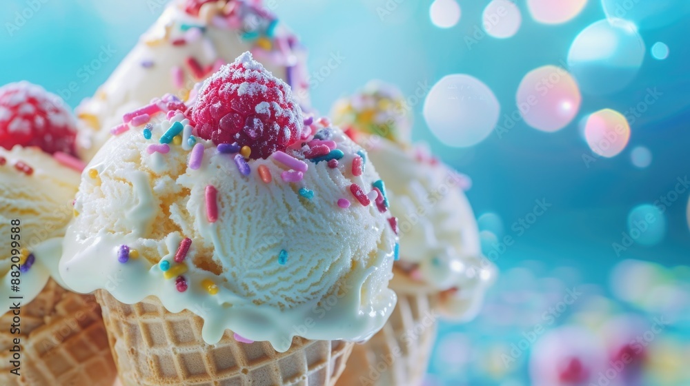 Colorful ice cream cones filled with sweet treats, perfect for a fun event or party Colorful ice cream cones filled with sweet treats, perfect for a fun event or party