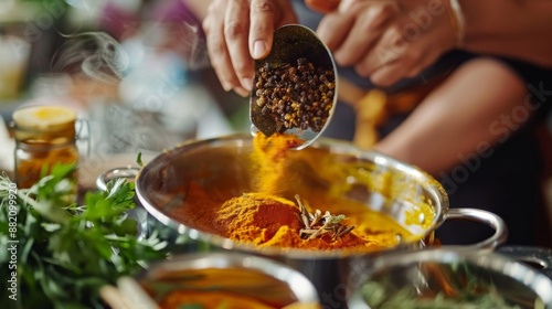 A person adding spices to a pot of curry, with vibrant colors and aromatic ingredients.