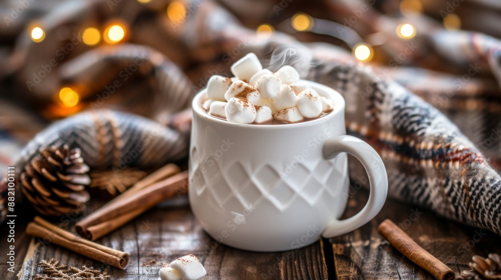 Hot chocolate topped with marshmallows in a white ceramic mug Hot chocolate topped with marshmallows in a white ceramic mug
