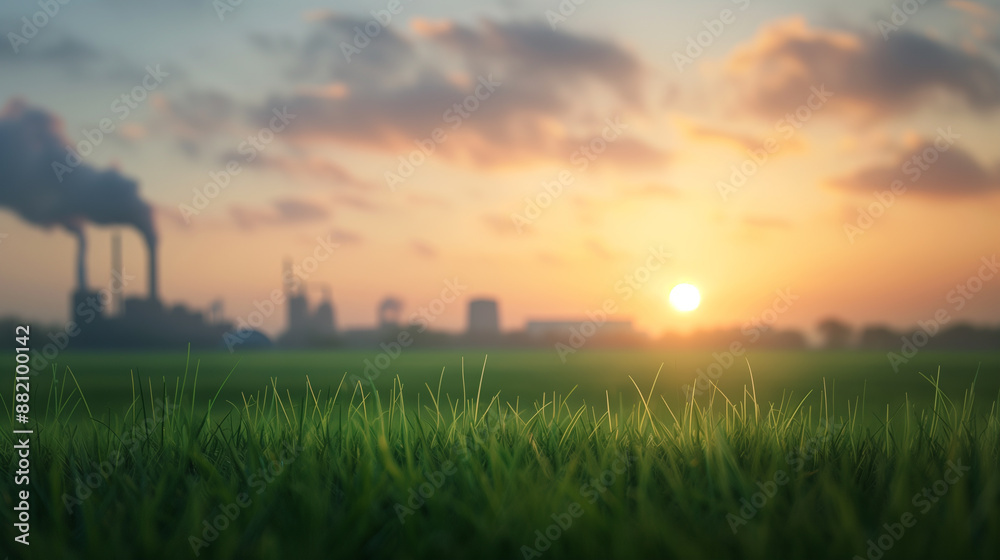 Fototapeta premium A factory with smoke emissions at sunrise, viewed from a grassy field, creating a striking contrast between industry and nature.