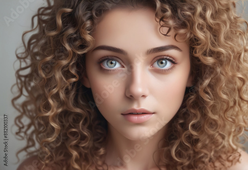 A closeup portrait of beautiful woman with great eyes and curly hairs