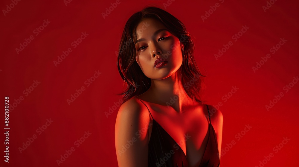 A stylish Asian woman with a great figure and flawless skin poses in a chic black dress, embodying the ideals of beauty, A stylish Asian woman with a great figure and flawless skin poses in a chic black dress, embodying the ideals of beauty,