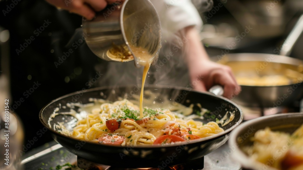 A person pouring a creamy sauce over a freshly cooked pasta dish, ready to be served. A person pouring a creamy sauce over a freshly cooked pasta dish, ready to be served.