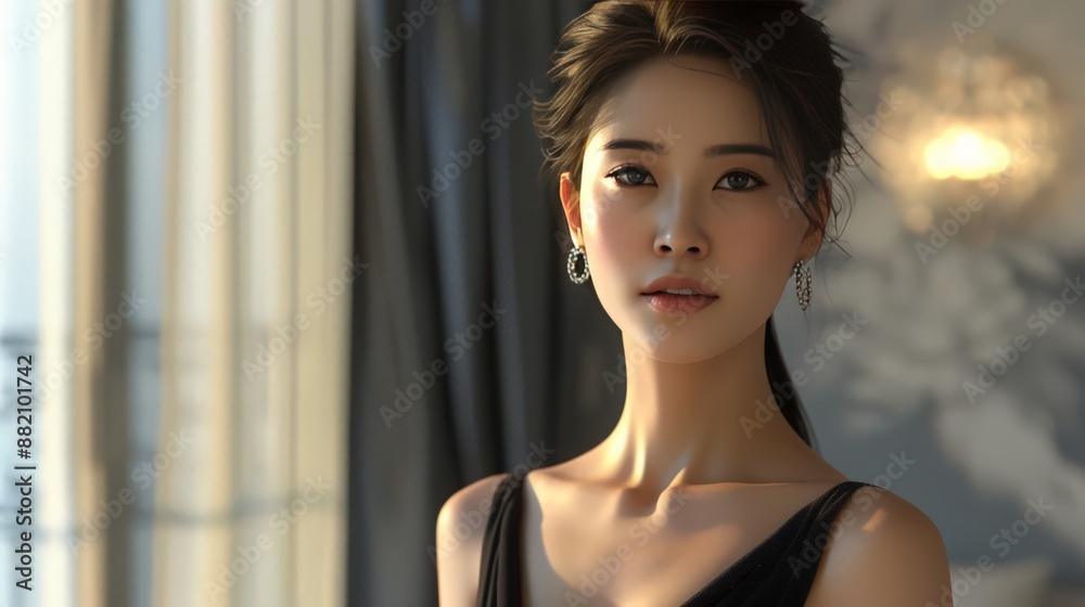 Admire the charm of a fashionable Asian woman with an ideal figure and radiant skin in a trendy black dress. Admire the charm of a fashionable Asian woman with an ideal figure and radiant skin in a trendy black dress.