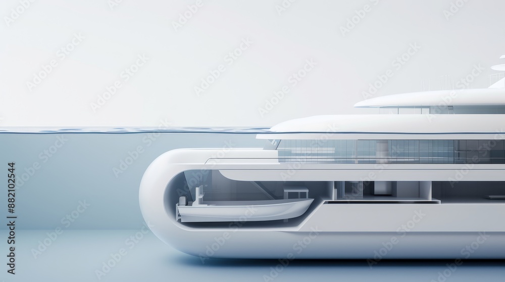 Interior sections of a high-tech marine vessel, cutaway view revealing intricate systems and innovative layout, emphasizing conceptual design Interior sections of a high-tech marine vessel, cutaway view revealing intricate systems and innovative layout, emphasizing conceptual design