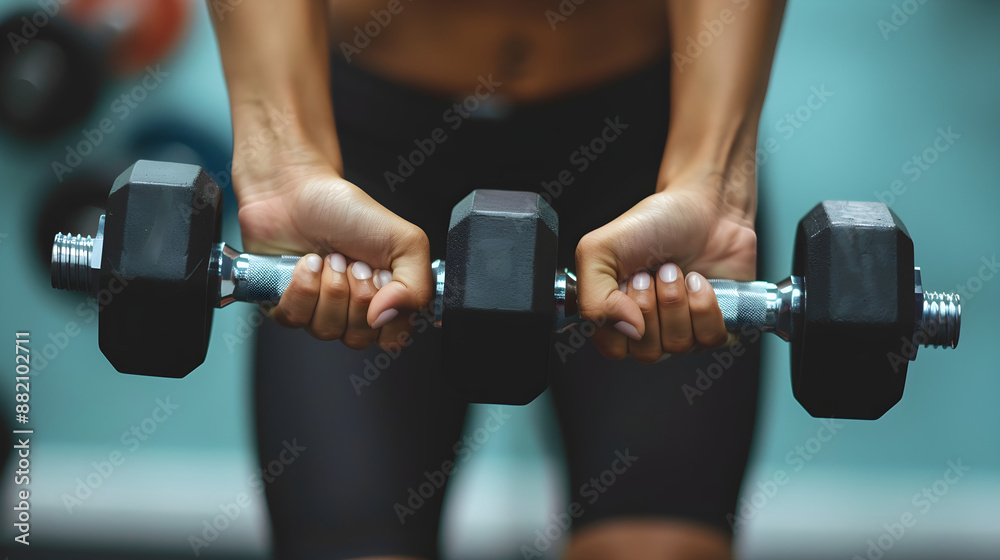 A person's hands gripping dumbbells, ready for a workout against a gym background. A person's hands gripping dumbbells, ready for a workout against a gym background.