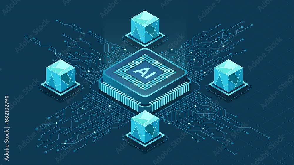 Isometric artificial intelligence chip animation. Artificial Intelligence concept. Futuristic microchip processor. Motion graphic. 4K video animated in isometric style