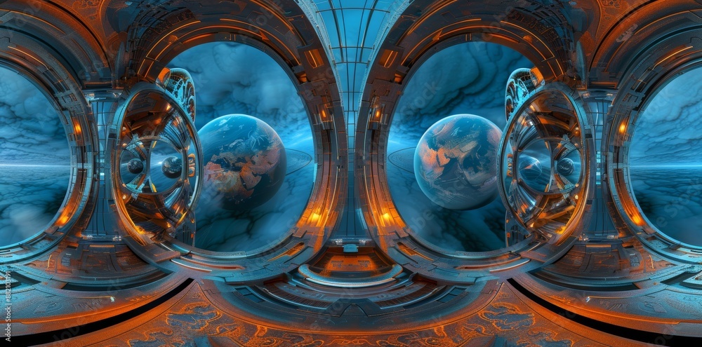 A high resolution HDRI panorama of the interior of a futuristic spaceship. 360° panorama reflection mapping of the interior of a futuristic spacecraft room in 3D. A high resolution HDRI panorama of the interior of a futuristic spaceship. 360° panorama reflection mapping of the interior of a futuristic spacecraft room in 3D.
