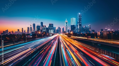 Studio shot capturing the movement of traffic along an urban highway at night, with blurred headlights creating a dynamic effect leading towards a distant city skyline illuminated by city lights.
