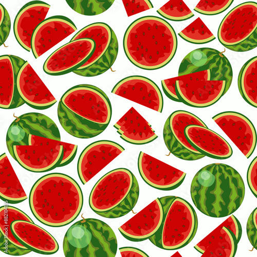 watermelon background, seamless texture, colorized vector illustration. red juicy watermelons are scattered randomly on a white background, whole and in pieces