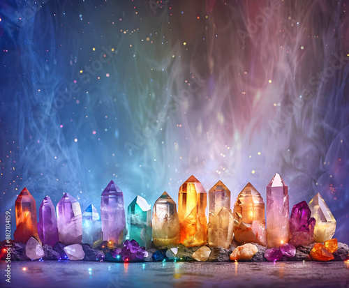 Row of vivid coloured spectrum crystal tower wands - stunning collection of gemstone quartz points in a neat line on a reflective surface with copy space for spiritual message above 
