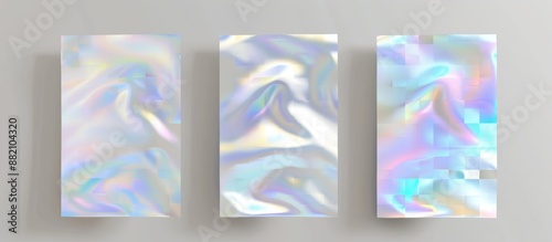 Three panels displaying abstract holographic patterns with iridescent colors