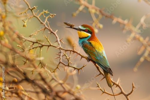 A chestnut-headed bee-eater holds an insect in its mouth at Yala, Sri Lanka