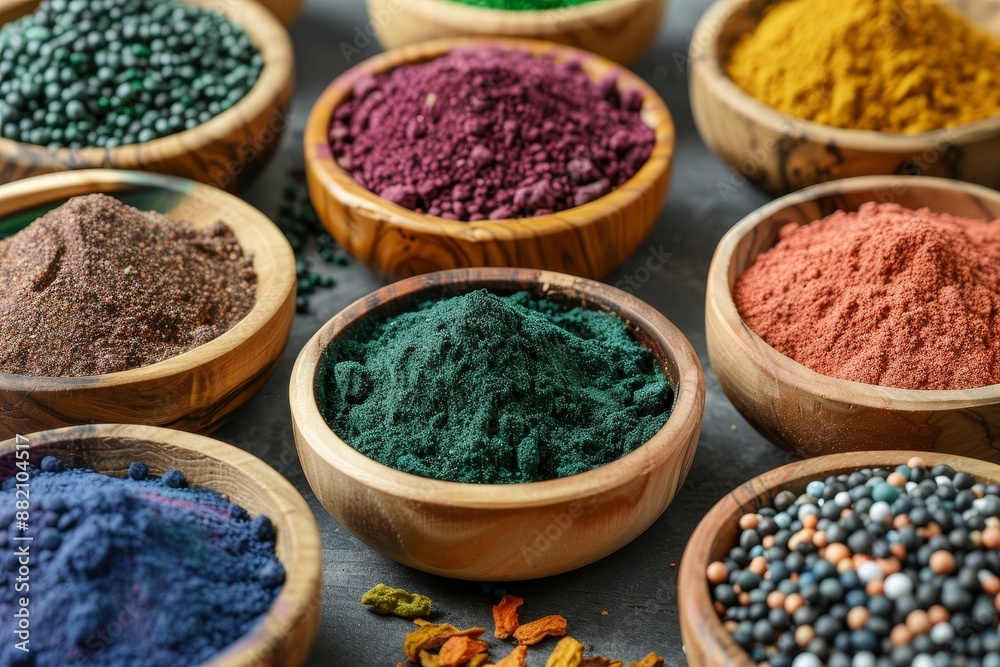 Natural pigment powder in small bowls. Natural dye. Natural pigment powder in small bowls. Natural dye.