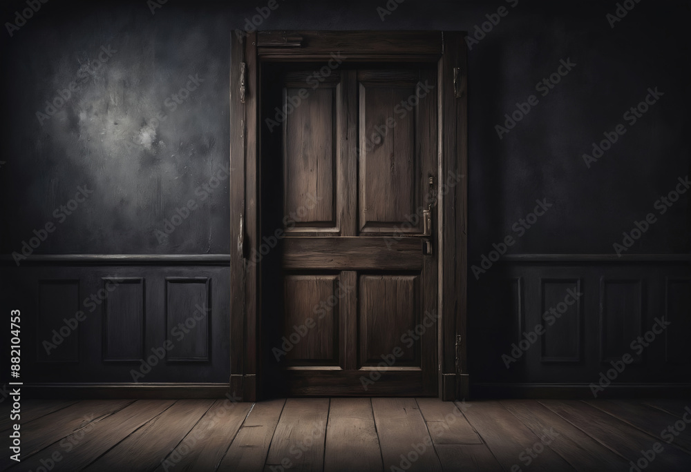 A frontal view of a dark room with an old wooden door, dark and mysterious atmosphere A frontal view of a dark room with an old wooden door, dark and mysterious atmosphere