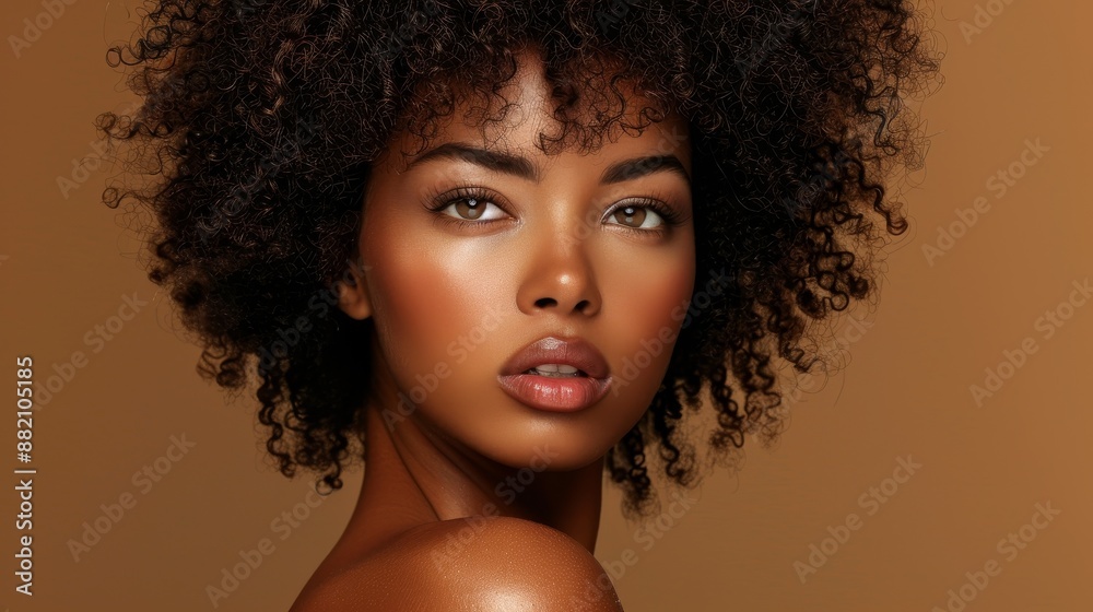Natural afro, facial or hair care cosmetics portrait of black woman. Healthy, beautiful and assertive model with curly hair shine and texture. Natural afro, facial or hair care cosmetics portrait of black woman. Healthy, beautiful and assertive model with curly hair shine and texture.