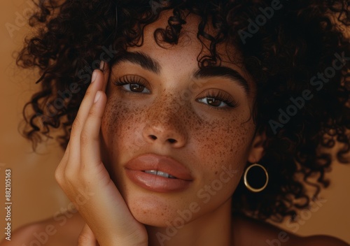 A blonde model poses with her face and skin in a studio where wellness, skincare, and facial treatments are taking place against a brown background. A girl is seriously committed to cosmetics and