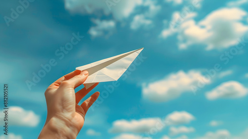 Creative Image of Human Hands Holding Paper Airplane in Blue Sky   Symbol of Freedom, Creativity, and Dreams with Copy Space for Text in Photo Stock Concept