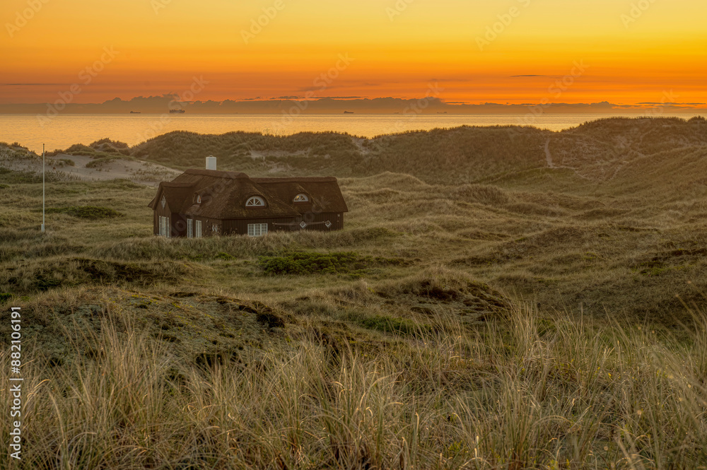 thatched lonely old house with rye grass in the foreground at sunset