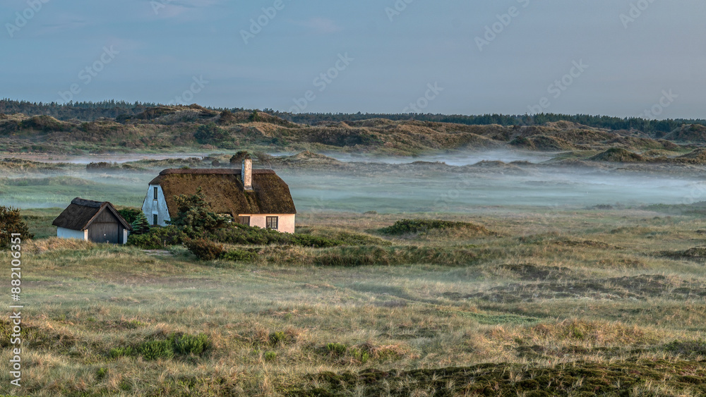 straw-roofed house in the sand-dunes when the fog settles