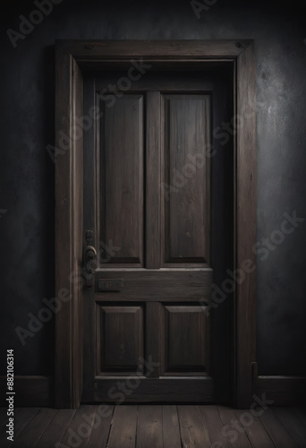 A frontal view of a dark room with an old wooden door, dark and mysterious atmosphere