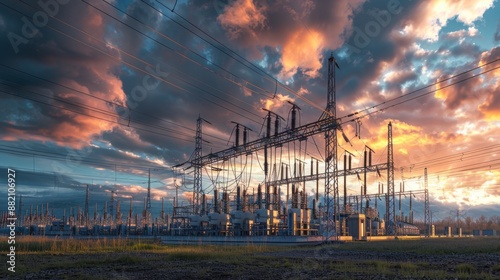 A power plant generating electricity, with turbines and transmission lines against a cloudy sky.