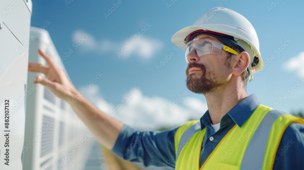 A professional technician in uniform is installing air conditioning system, installation maintenance and repair concept. A professional technician in uniform is installing air conditioning system, installation maintenance and repair concept.