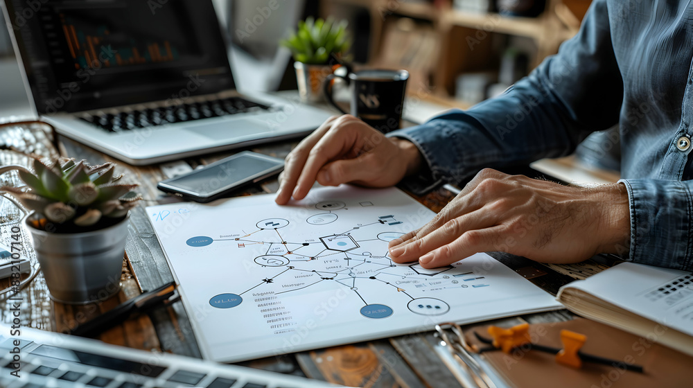 Fototapeta premium Photo Realistic Image of Human Hands Typing on Laptop with Brainstorming Sketchpad Creativity and Exciting Work Processes Concept with Copy Space in Stock Photo