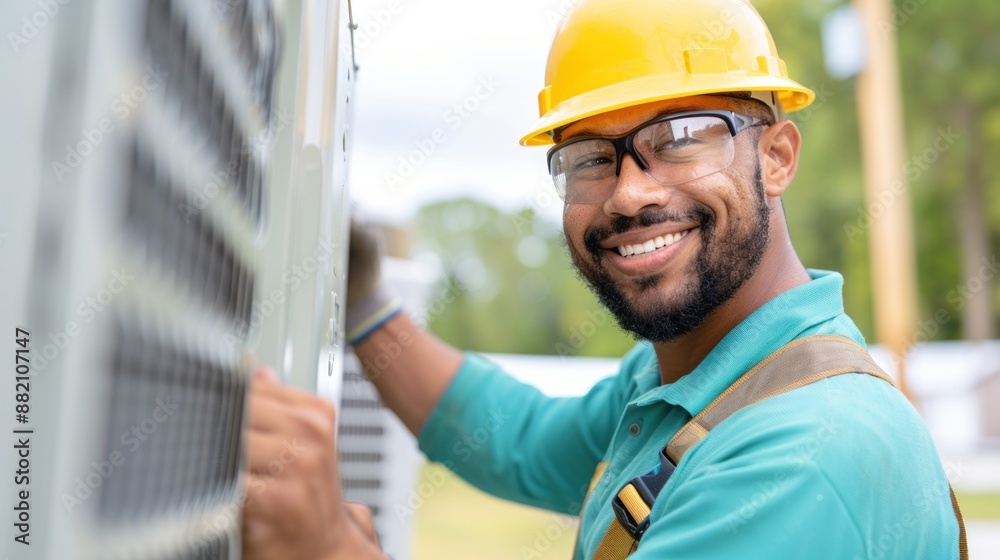 A professional technician in uniform is installing air conditioning system, installation maintenance and repair concept.