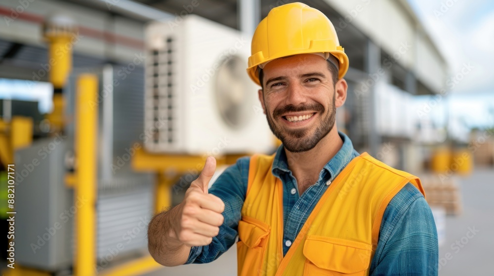 A professional technician in uniform is installing air conditioning system, installation maintenance and repair concept.