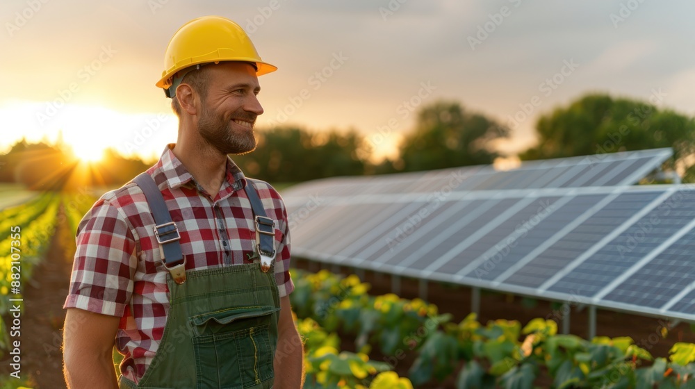 Smart farmer man checking solar panels during sky sunset. Smart farmer man checking solar panels during sky sunset.