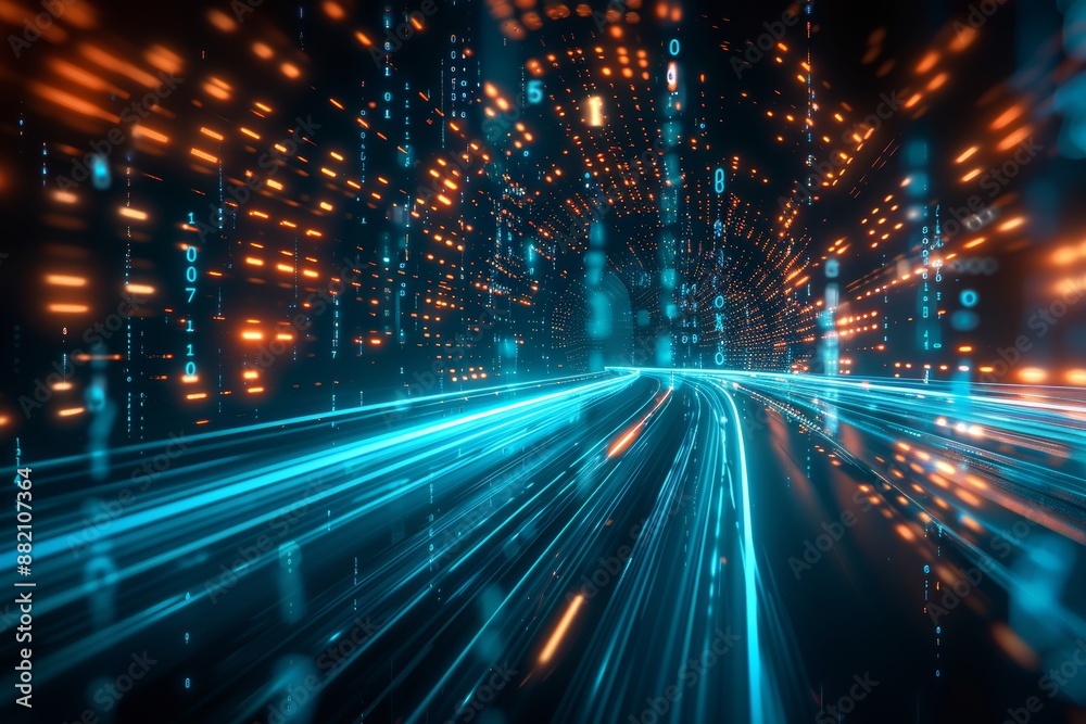 In this image, we are seeing an abstract highway path passing through digital binary towers in the city. In this image, we are seeing an abstract highway path passing through digital binary towers in the city.