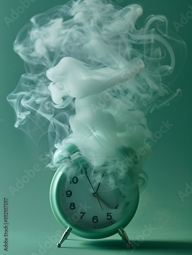 Vintage alarm clock vanishing in a puff of white smoke, symbolizing the passage of time