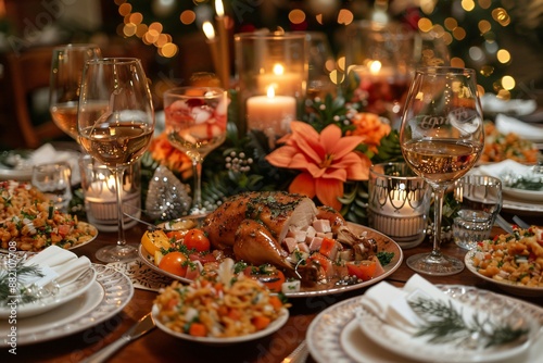 Festive christmas dinner table with roasted chicken, pasta, wine glasses, candles, and holiday decorations