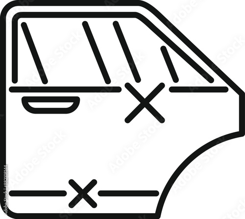 Line drawing of a car door showing dents and damage after a traffic accident