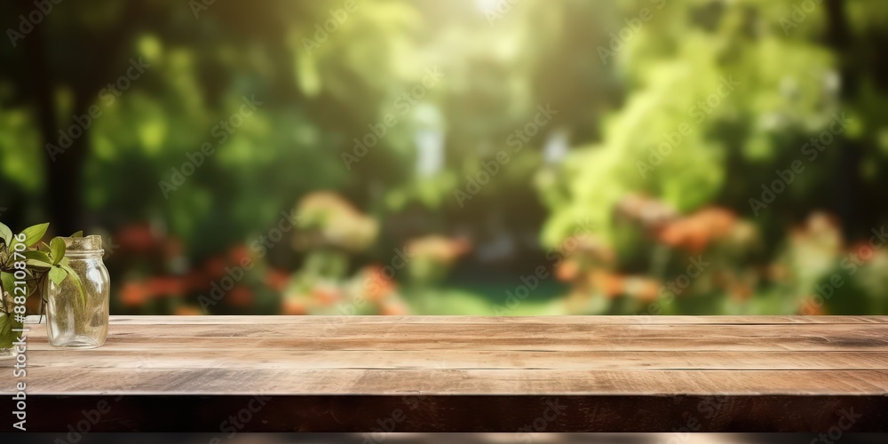 Wooden Table with Blurred Garden Background Wooden Table with Blurred Garden Background