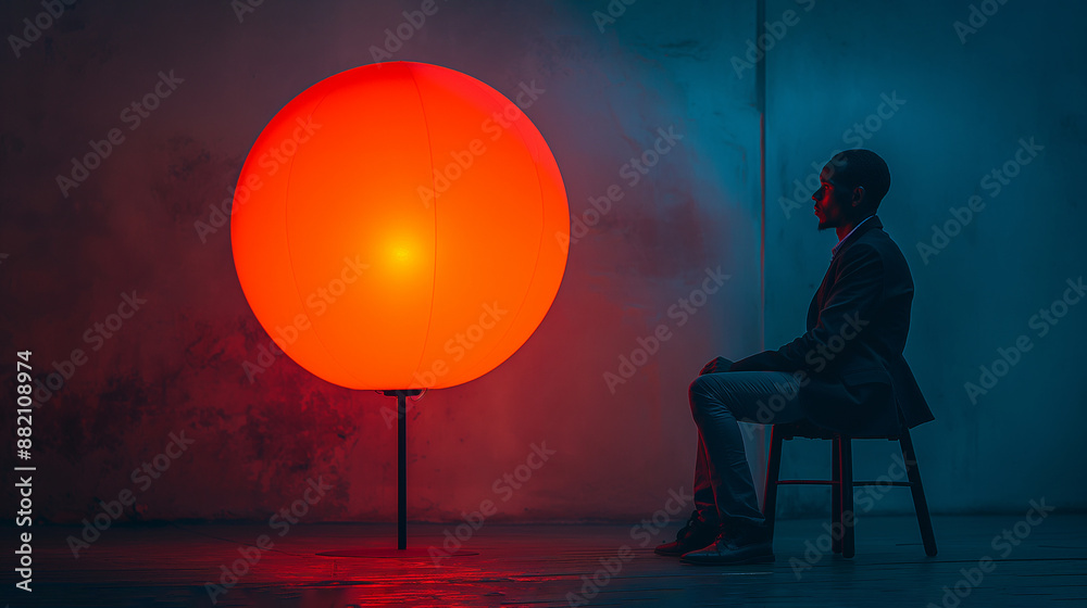 Naklejka premium A depressed person sees an imaginary orange moon. 