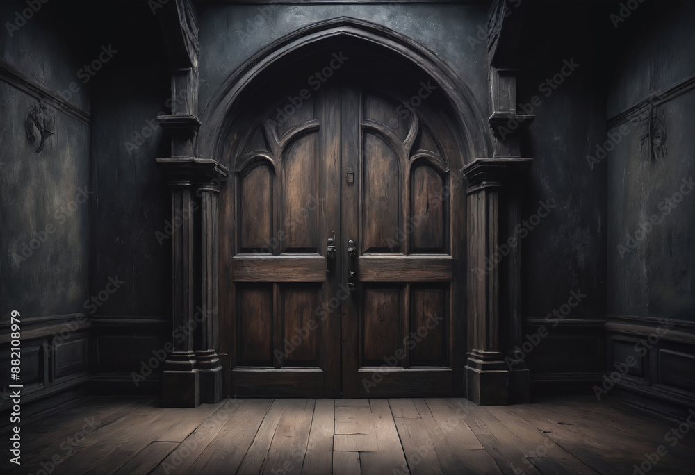 A frontal view of a dark room with an old wooden door, dark and mysterious atmosphere, ancient gothic castle A frontal view of a dark room with an old wooden door, dark and mysterious atmosphere, ancient gothic castle