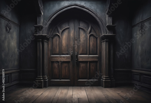 A frontal view of a dark room with an old wooden door, dark and mysterious atmosphere, ancient gothic castle