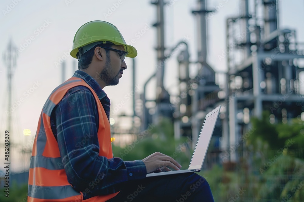 Engineer analyzing data on a laptop in an outdoor testing field Engineer analyzing data on a laptop in an outdoor testing field