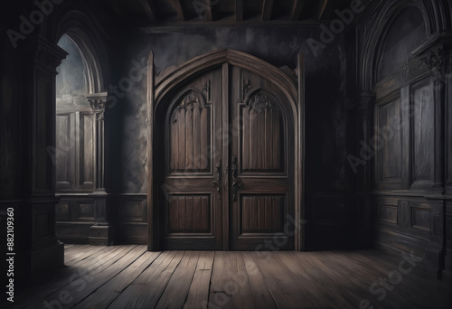 A frontal view of a dark room with an old wooden door, dark and mysterious atmosphere, ancient gothic castle