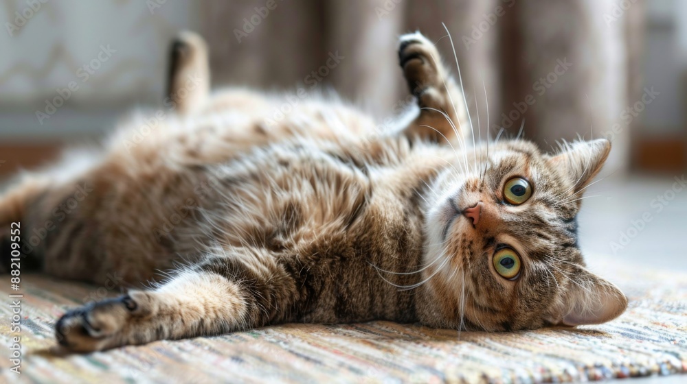 A rotund cat lying on its back, belly up, asking for belly rubs. A rotund cat lying on its back, belly up, asking for belly rubs.