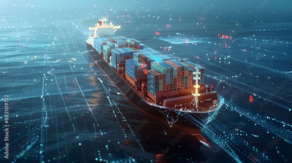 Obraz premium Artificial intelligence container Ship wtih Earth, Data science and big data technology for transportation logistics shipping tracker. transportation computing