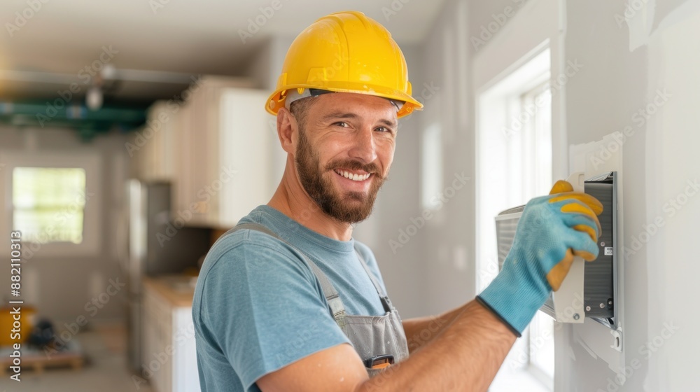A professional technician in uniform is installing air conditioning system, installation maintenance and repair concept. A professional technician in uniform is installing air conditioning system, installation maintenance and repair concept.