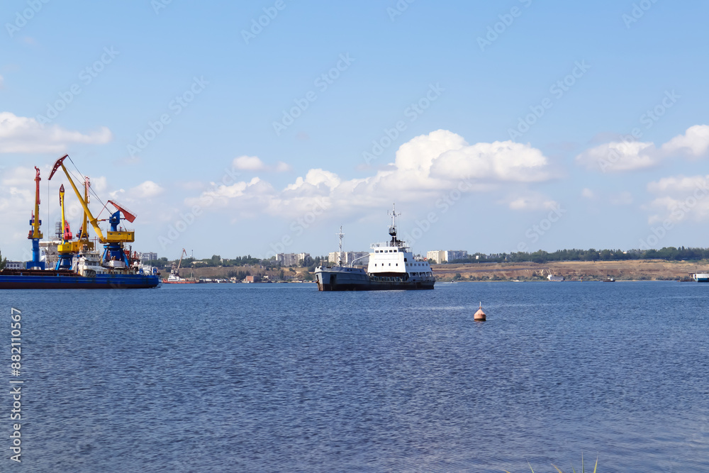Old cargo ship sailing in the bay Old cargo ship sailing in the bay