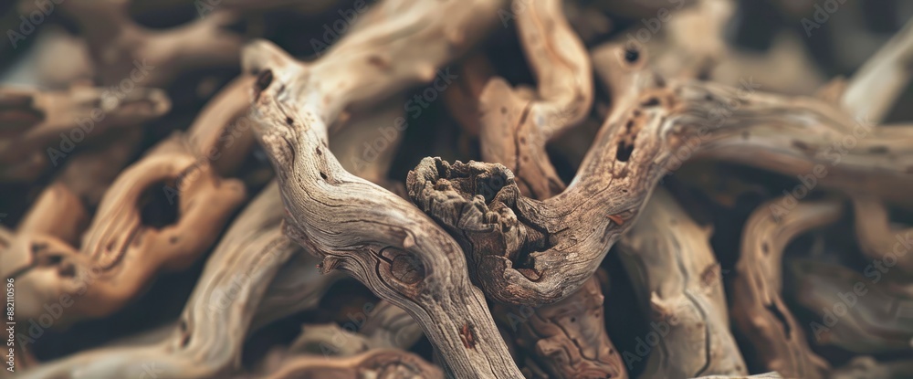 Fototapeta premium Pile of driftwood, evoking a natural and rustic feel