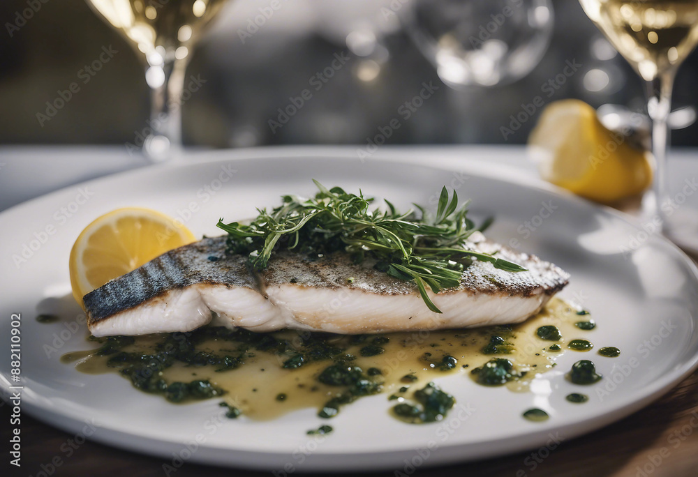 Grilled seabass with lemon caper sauce and wild greens on a white porcelain plate with a glass of Greek white wine in a high-end Greek tavern
Grilled seabass with lemon caper sauce and wild greens on a white porcelain plate with a glass of Greek white wine in a high-end Greek tavern